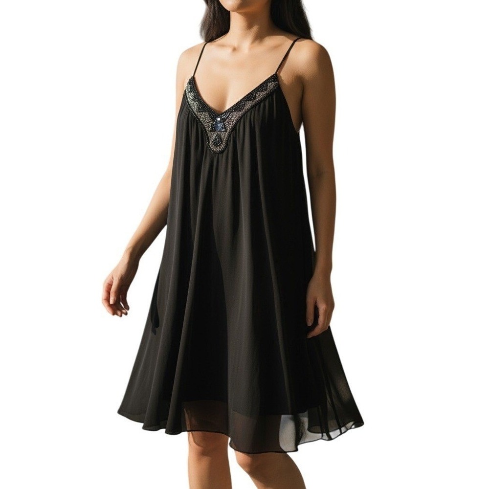 EXPRESS Black Beaded V-Neck Chiffon Trapeze Babydoll Mini Dress NWOT Size XS